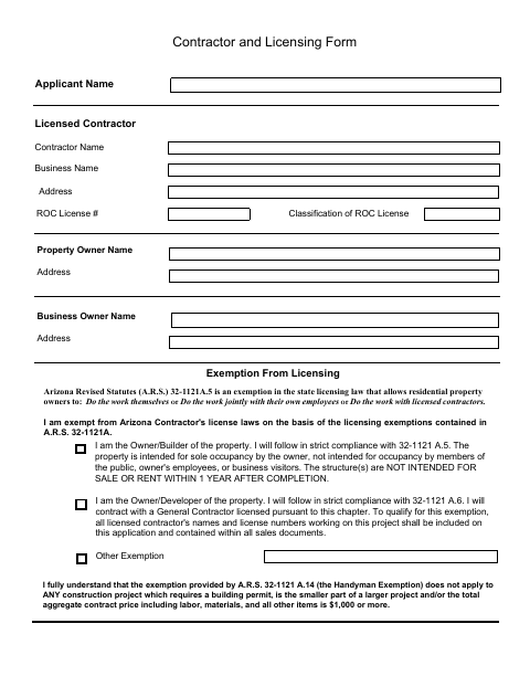 First page of the Contractor and Licensing Form