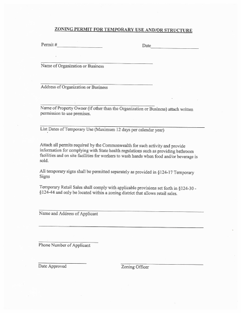 First page of the Temporary Use and/or Structure Permit Application