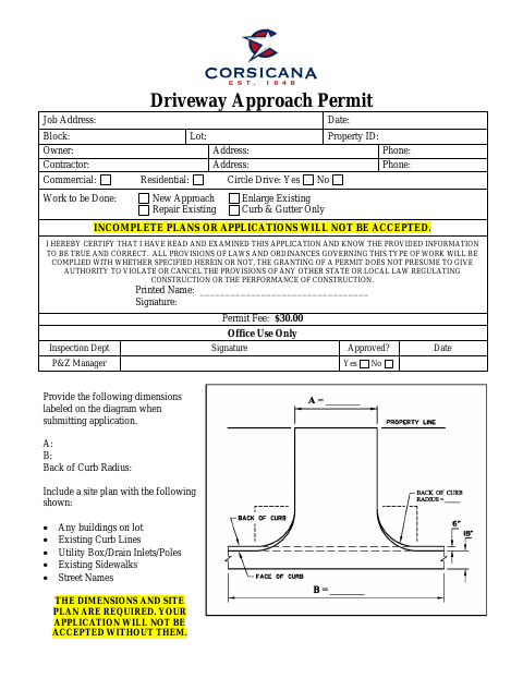 First page of the Driveway Approach Permit Application