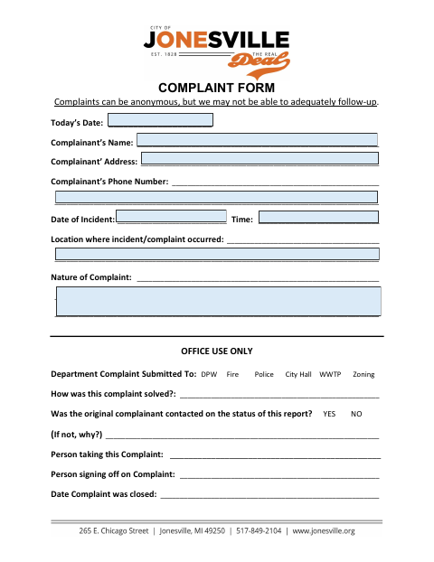 First page of the Complaint Form