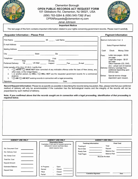 First page of the Open Public Records Act Request Form
