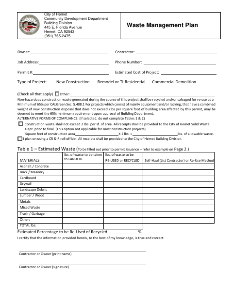 First page of the Waste Management Plan