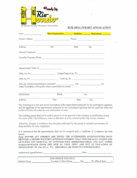 First page of the Building Permit Application
