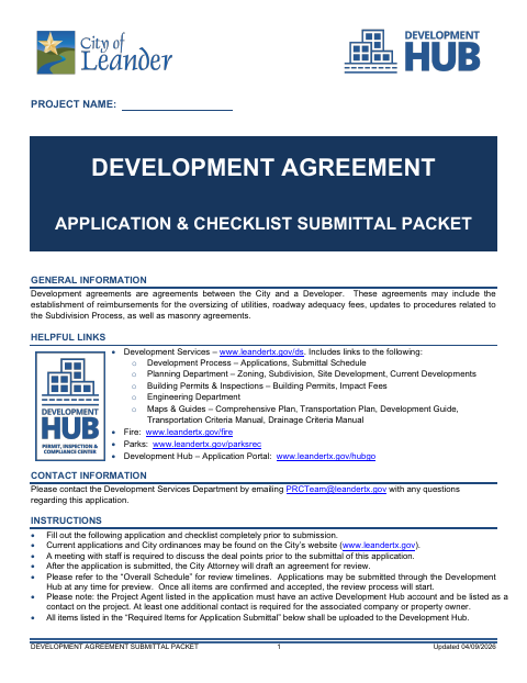 First page of the Development Agreement Application and Checklist