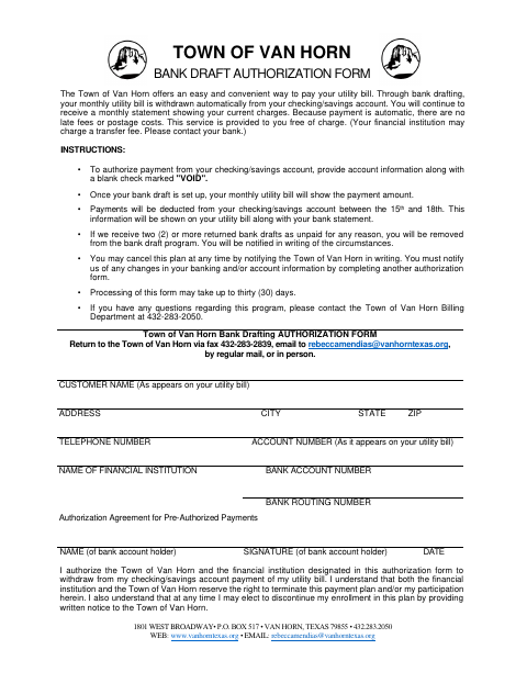First page of the Bank Draft Authorization Form