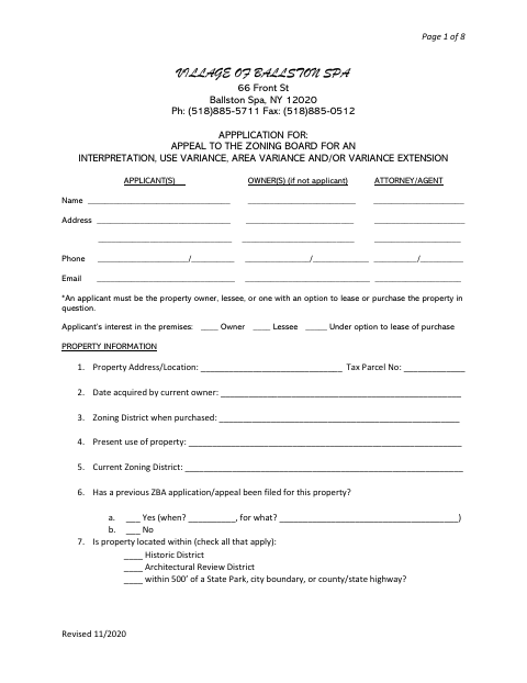 First page of the Application for Appeal to the Zoning Board
