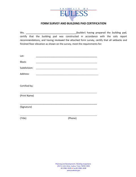 First page of the Form Survey and Building Pad Certification