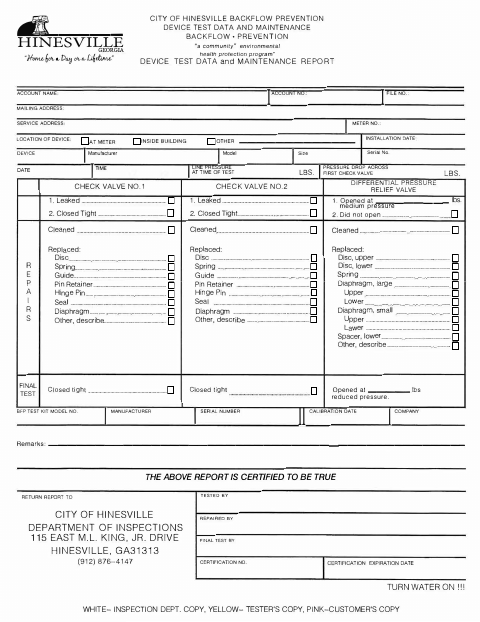 First page of the Backflow Prevention Device Test Data and Maintenance Report