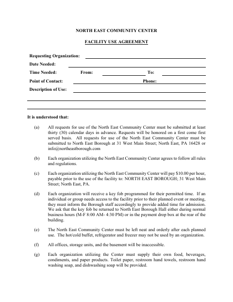 First page of the Community Center Facility Use Agreement