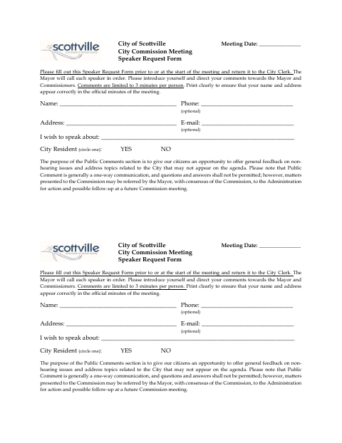 First page of the City Commission Meeting Speaker Request Form