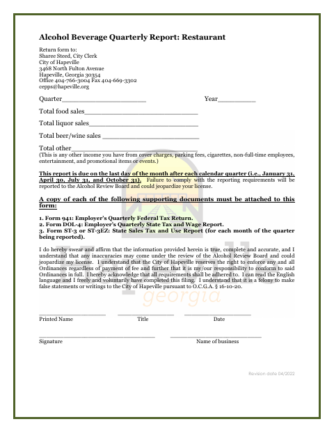 First page of the Alcohol Beverage Quarterly Report: Restaurant