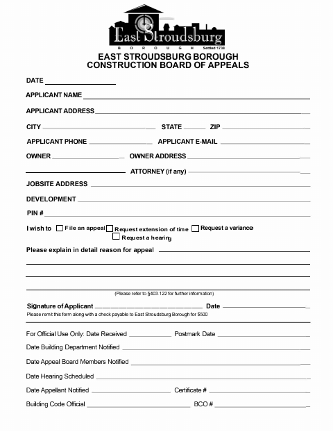 First page of the Construction Board of Appeals Application