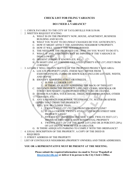 First page of the Checklist for Filing Variances
