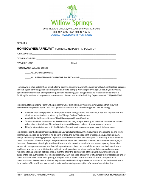 First page of the Homeowner Affidavit for Building Permit Application