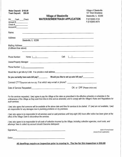 First page of the Water, Sewer, and Trash Application