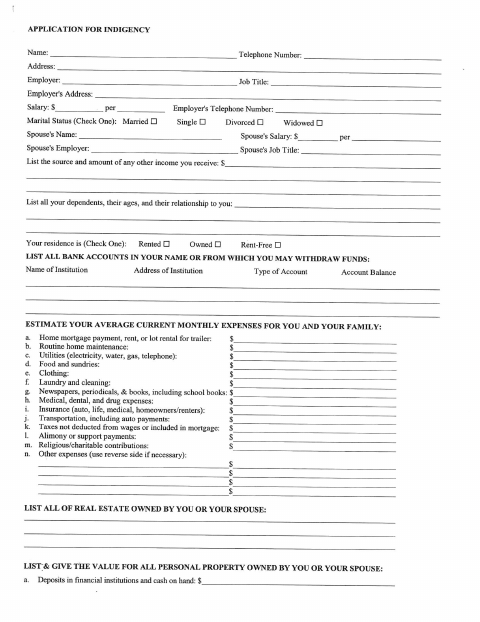 First page of the Application for Indigency