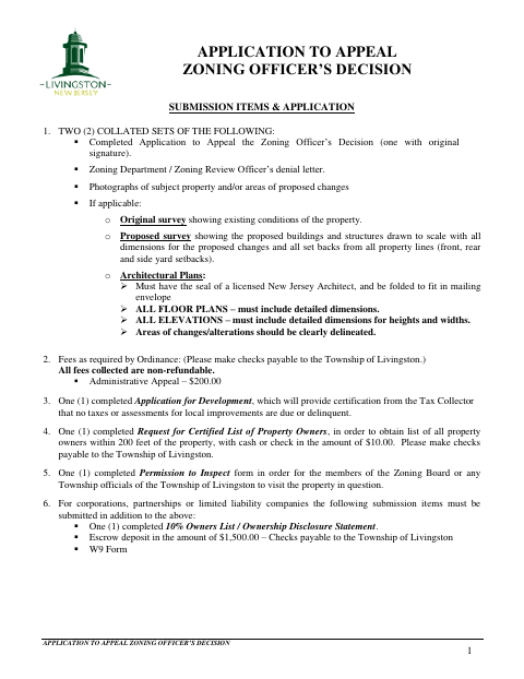 First page of the Application to Appeal Zoning Officer’s Decision