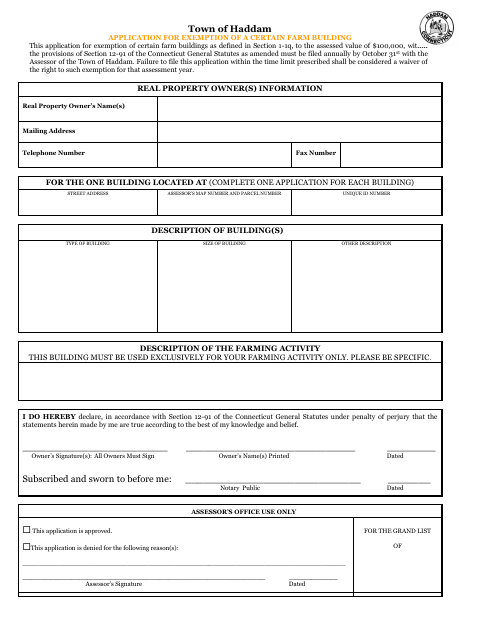 First page of the Farm Building Exemption Application