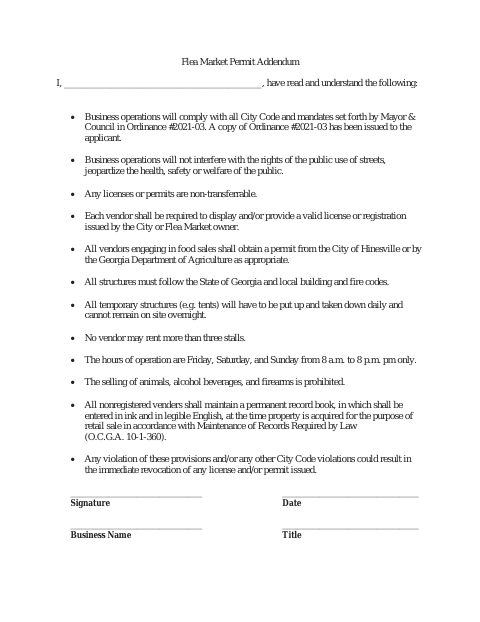 First page of the Flea Market Permit Addendum