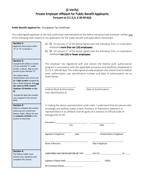 First page of the E-Verify Private Employer Affidavit