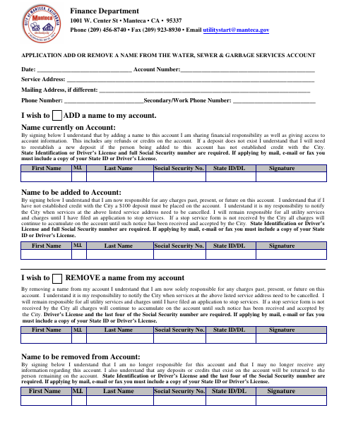 First page of the Application to Add or Remove a Name from a Water, Sewer & Garbage Services Account