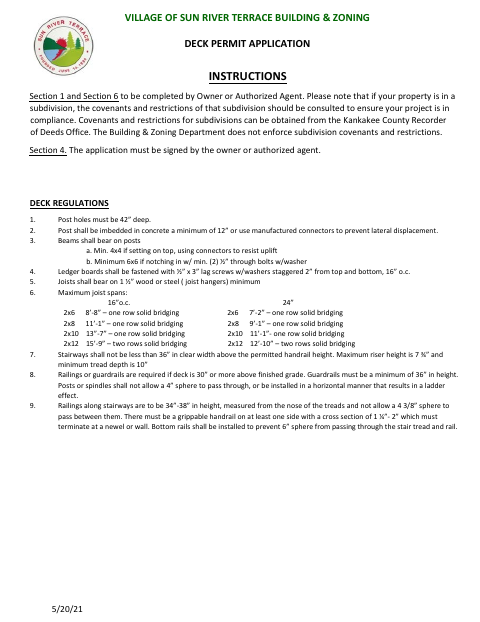 First page of the Deck Permit Application
