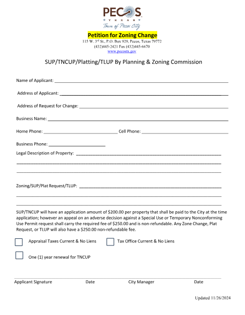 First page of the Petition for Zoning Change