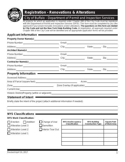 First page of the DPIS Project Registration Form — Renovations
