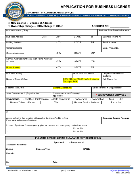 First page of the Application for Business License