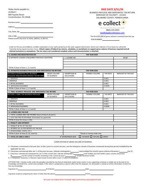 First page of the Business Privilege and Mercantile Tax Return