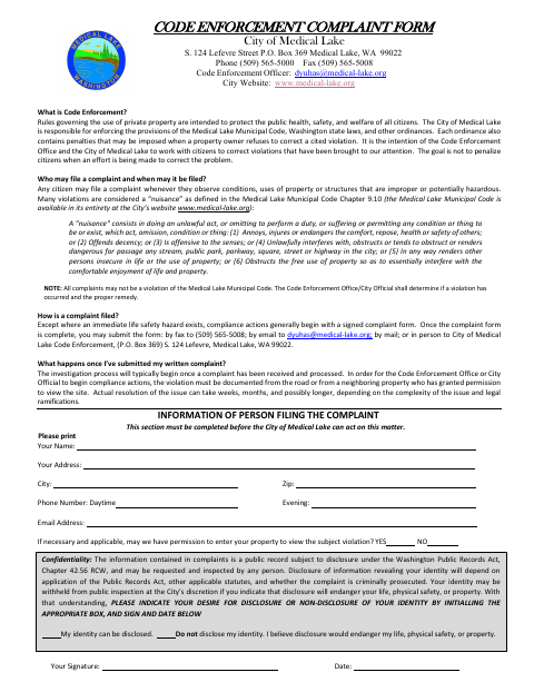 First page of the Code Enforcement Complaint Form