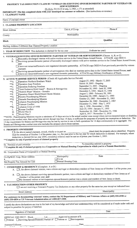 First page of the Property Tax Deduction Claim By Veteran Or Surviving Spouse