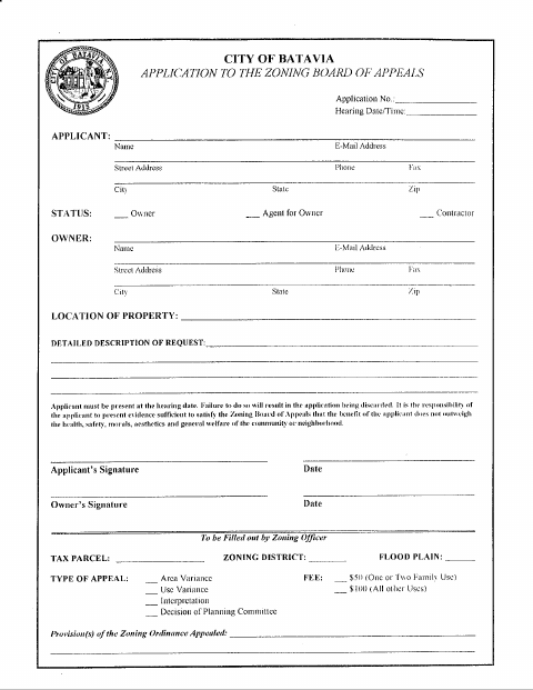 First page of the Zoning Board of Appeals Application