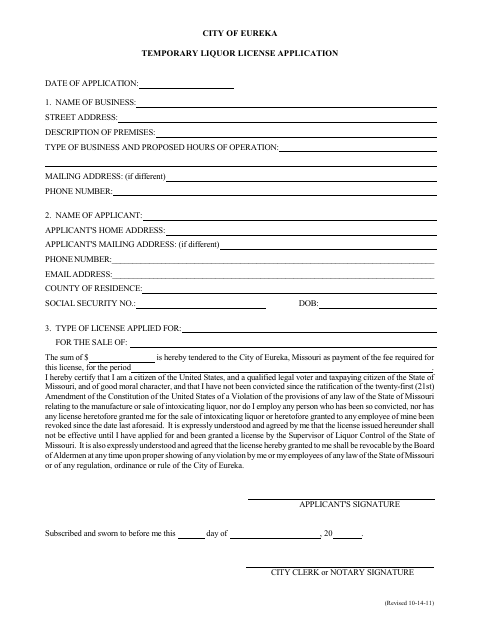 First page of the Temporary Liquor License Application