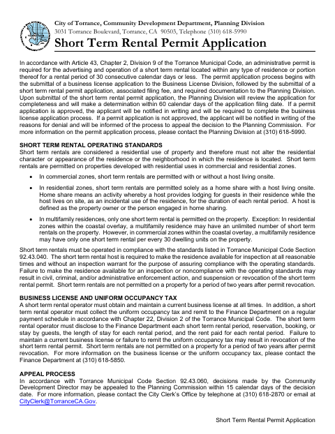 First page of the Short Term Rental Permit Application