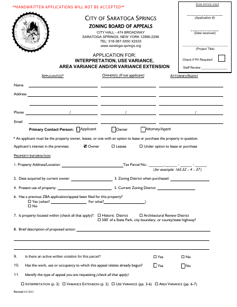 First page of the Zoning Board of Appeals Application