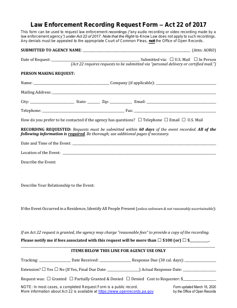 First page of the Law Enforcement Recording Request Form – Act 22 of 2017