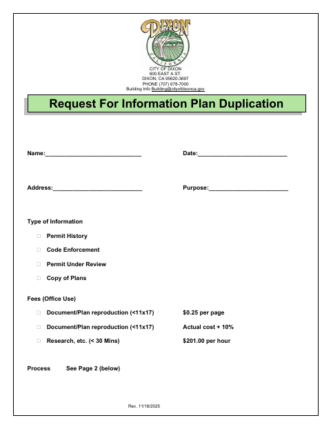 First page of the Request for Information and Plan Duplication