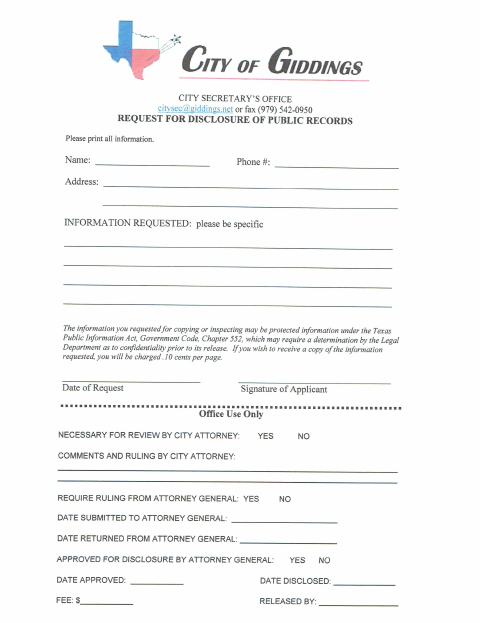First page of the Request for Disclosure of Public Records
