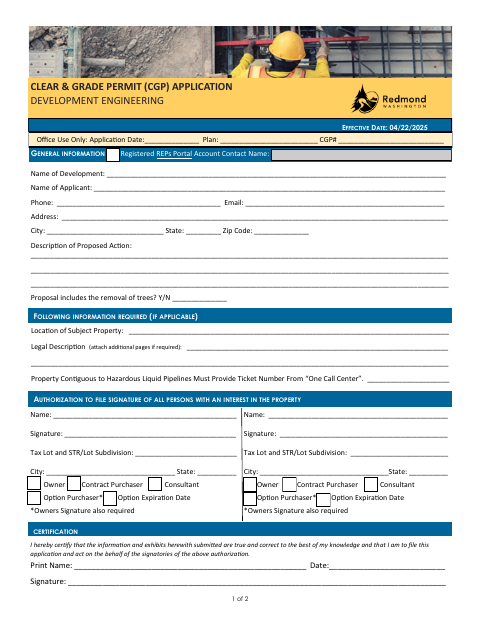 First page of the Clear & Grade Permit Application