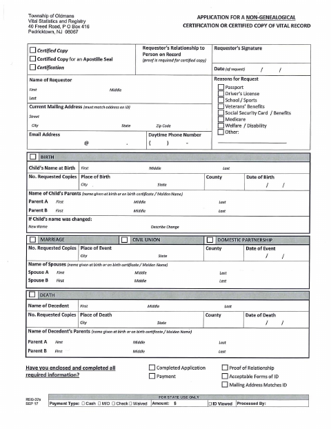 First page of the Application for a Non-Genealogical Vital Record Copy