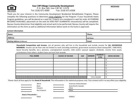 First page of the Residential Rehabilitation Program Application