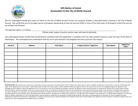 First page of the 10% Notice of Intent Annexation