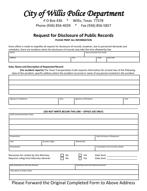 First page of the Request for Disclosure of Public Records