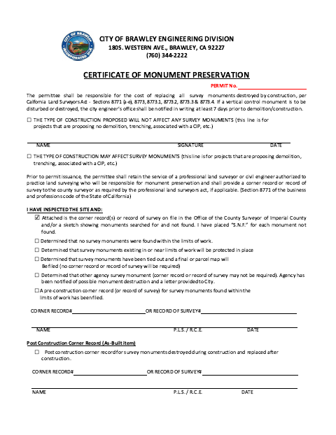First page of the Certificate of Monument Preservation