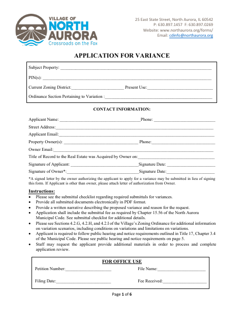 First page of the Variance Application