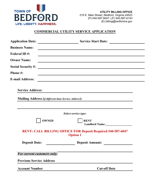 First page of the Commercial Utility Service Application