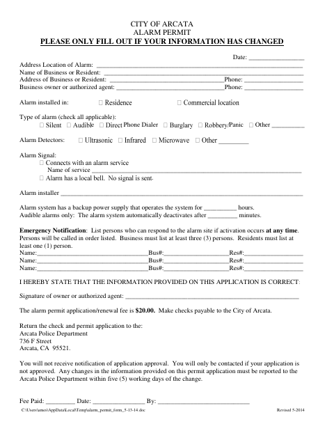 First page of the Alarm Permit