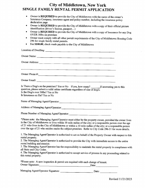 First page of the Single Family Rental Permit Application