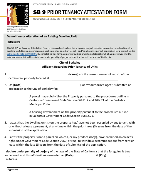 First page of the SB 9 Prior Tenancy Attestation Form